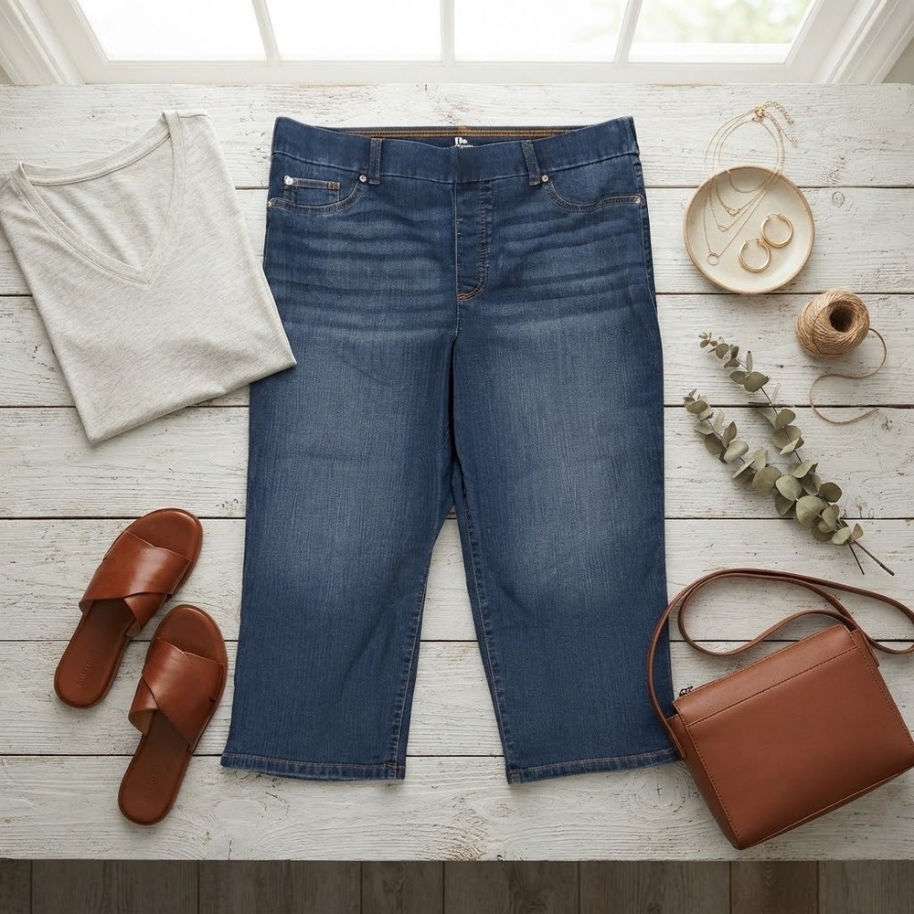Kim Rogers Tummy Control Denim Capris Womens 14 Medium Wash Pull On Crop Jeans